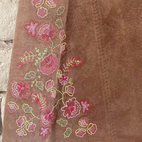 J. Jill Brown A-Line Leather Skirt with Floral Embroidery - Picture 3 of 9